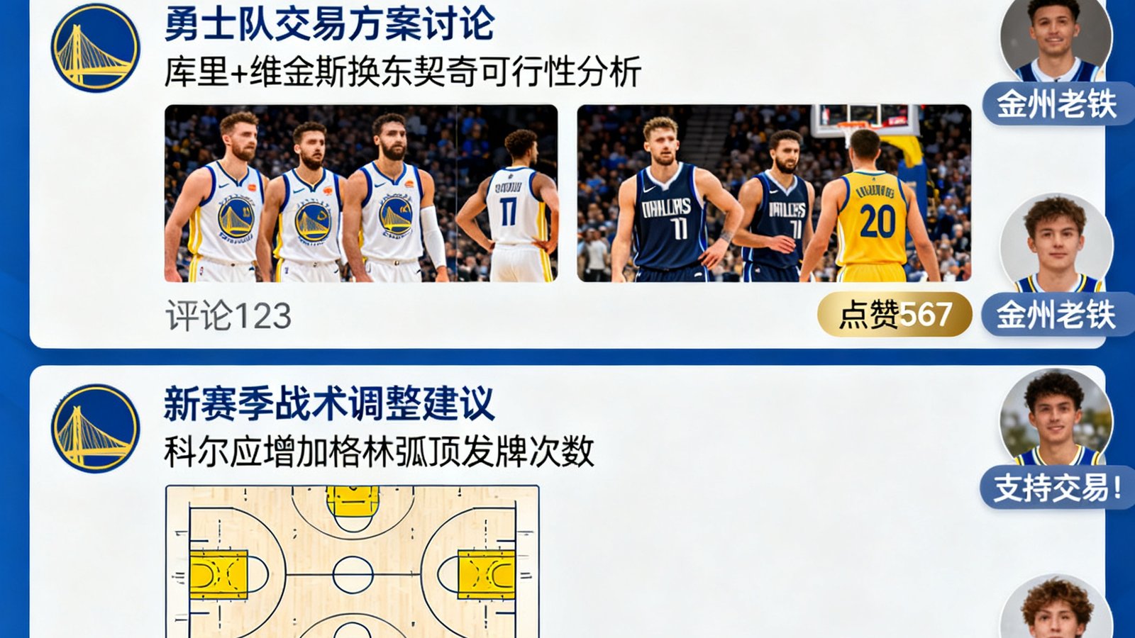 看球直播社区勇士队圈子，球迷讨论交易与战术，热帖展示